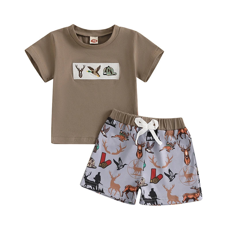 Summer Infant Kids Boy Clothes Sets Fashion Wild Goose Animals Embroidery Short Sleeve T-Shirts Elastic Waist Shorts 2pcs Outfit