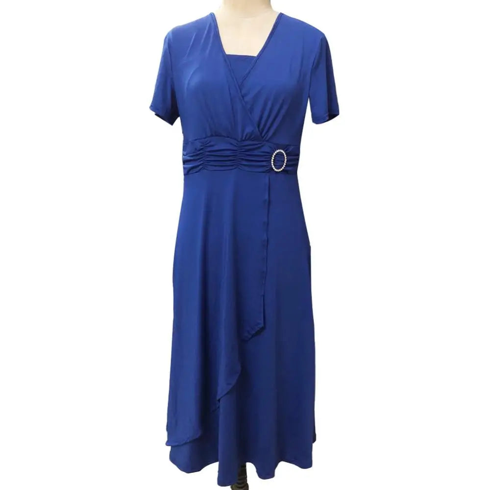 Plus Size Dress Elegant Women Solid Color Short Sleeve V Neck Asymmetric Hem Waist Tight Midi Party Dress Ladies Evening Vestido