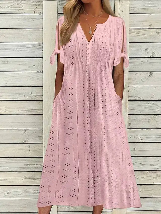 Summer New Women's Mid Length Dress With Sexy Holes Hollowed Out Lace Up V-neck Pleated Edges Fashionable Patchwork Dress