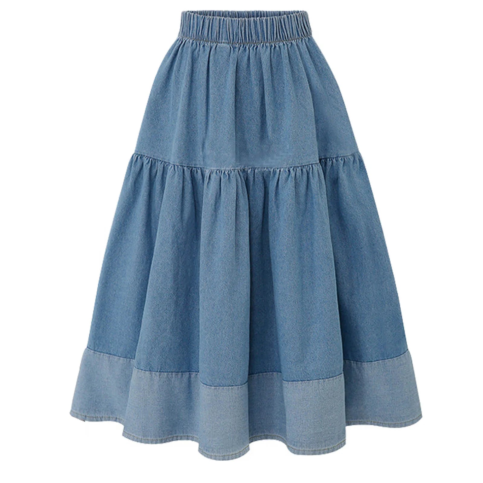 Blue Denim Skirt Womens High Waist Tiered Long Skirts Denim Elastic Casual Dress Elastic Waist A Line Jeans Skirt Girls Clothes