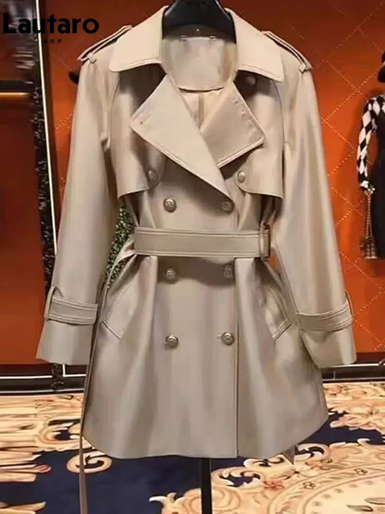 Lautaro Spring Autumn Khaki Satin Trench Coat for Women Belt Double Breasted Elegant High Quality Luxury Designer Clothing