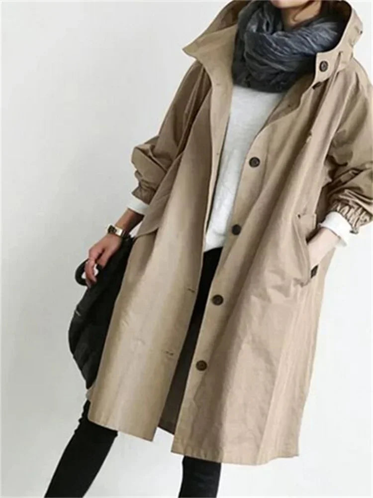 Spring Autumn Casual Korean Fashion Hooded Medium Long Overcoat Loose Windproof Coat Women Trench Coat Solid Color Pocket