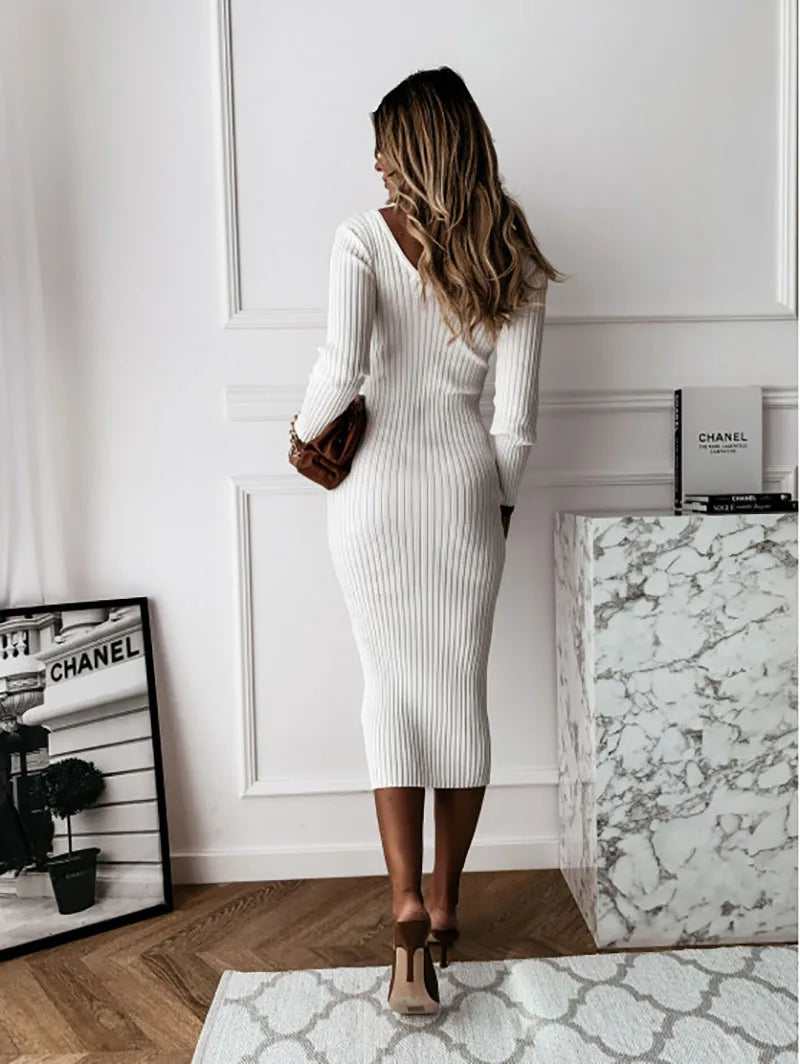Women Ribbed Knit Long Sleeve Maxi Dress Slim Fit Solid Color Bodycon Pencil Long Dress Casual Fall Winter Clothes