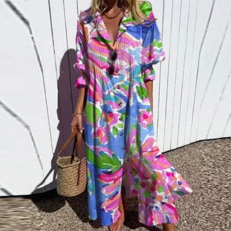 New Women's V-neck Single Breasted Shirt Dress Casual Loose Bohemian Long Dress 2024 Retro Pattern Printed Loose Vacation Dress