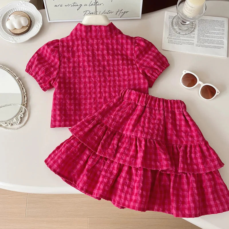 Children's Clothing Sets Plaid Sleeveless Top + Skirt 2pcs Sets Traditional Chinese Style Girl Clothes 2 To 7 Years Outfit Set