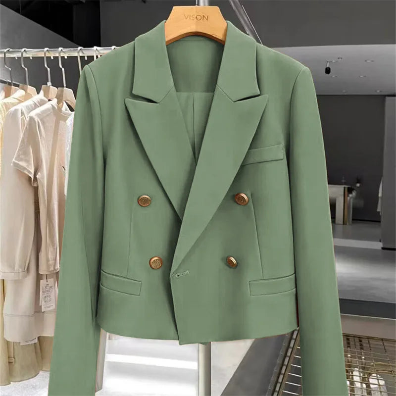 Cropped Blazers Woman Clothing 2025 New All-match Korean Chic Tops Double-breasted Suit Coat Ladies Office Suit Female Outerwear