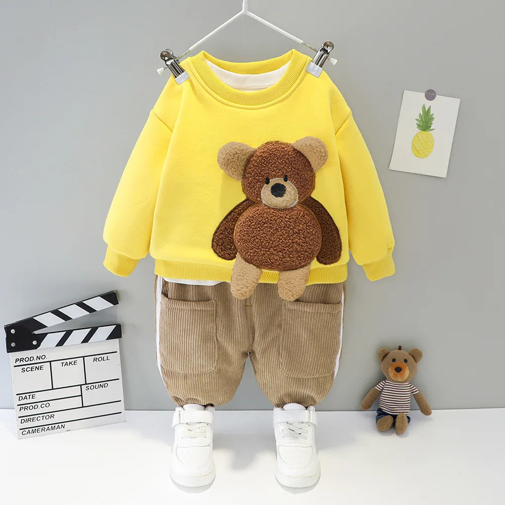 Baby cartoon Bear Plush Children's Clothing Set Boys Girls Sweatshirts Pants Suit Children's Print Simple Suit