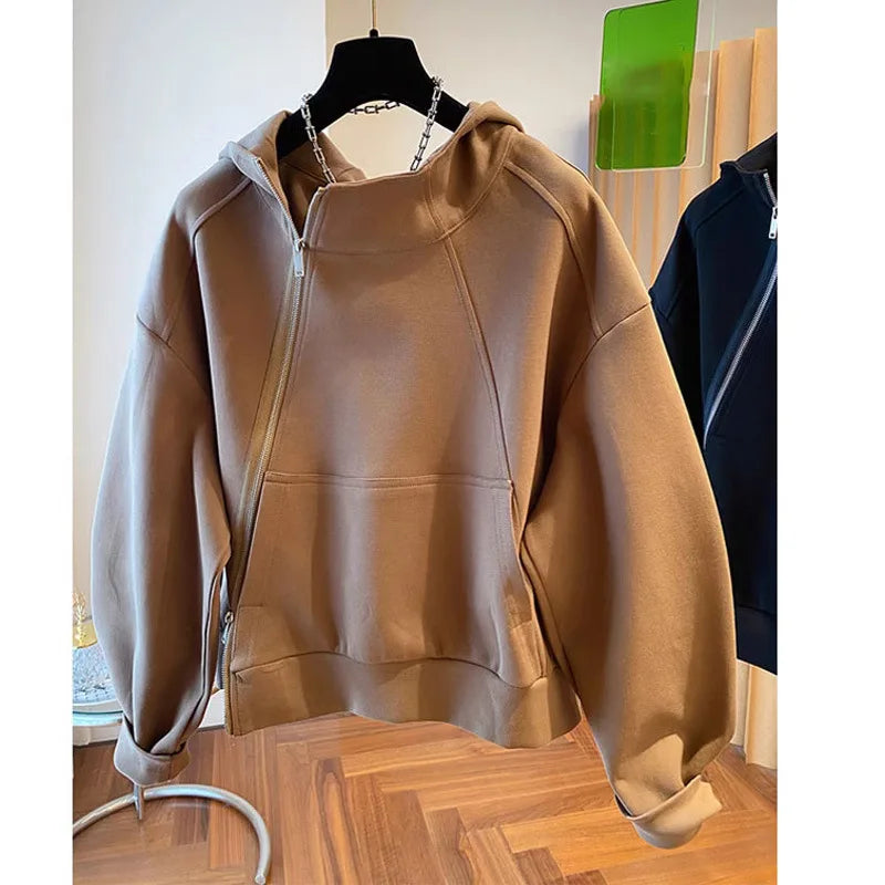 Hooded sweater women's irregular diagonal zipper 2024 spring new loose casual design sense niche jacket