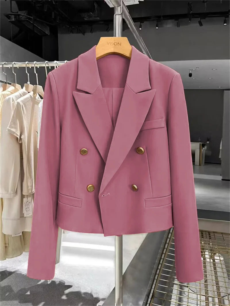 Cropped Blazers Woman Clothing 2025 New All-match Korean Chic Tops Double-breasted Suit Coat Ladies Office Suit Female Outerwear