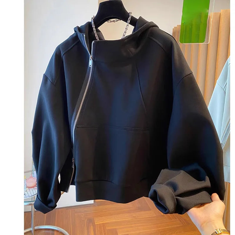 Hooded sweater women's irregular diagonal zipper 2024 spring new loose casual design sense niche jacket