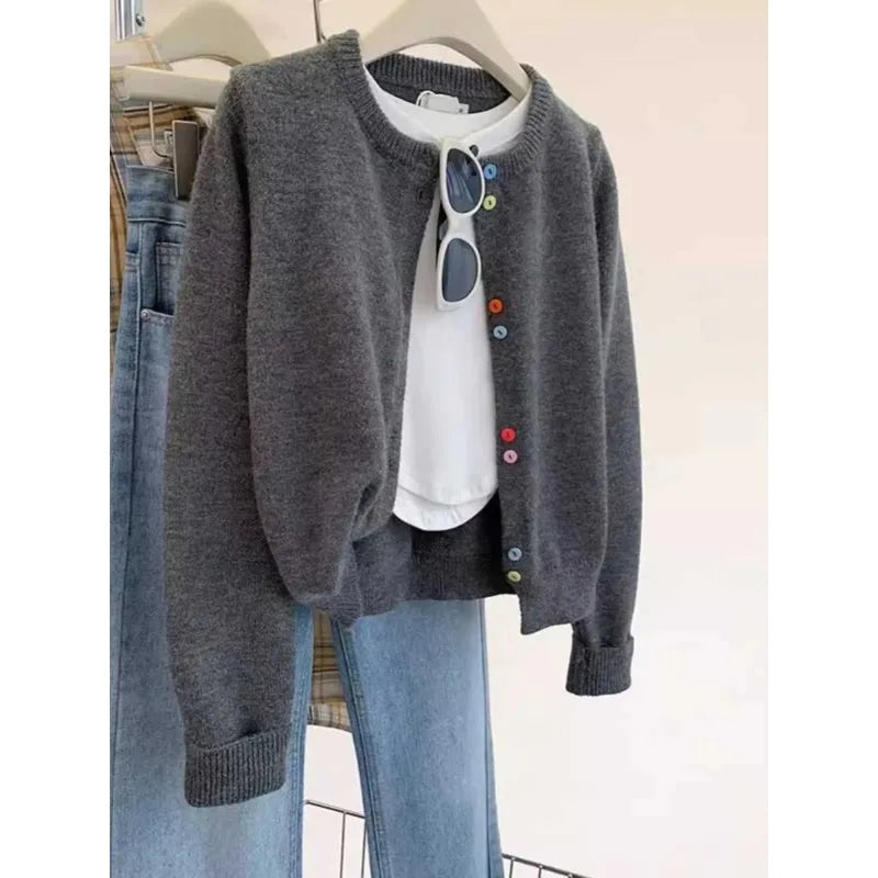 Gray Knitting Cardigan Women's Spring and Autumn Clothing 2025 New Arrival Japanese Women's Sweater Classic  Coat