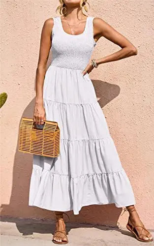 Dresses For Women Summer Sexy Elegant Sleeveless Floral Solid Color Long Dress Fashion Elastic Waist Beach Party Big Swing