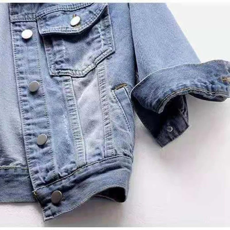 Spring Summer Half Sleeve Women Collared Distressed Coat Ladies Washed Cropped Denim Jacket Girl Ripped Jean Cardigan Shawl