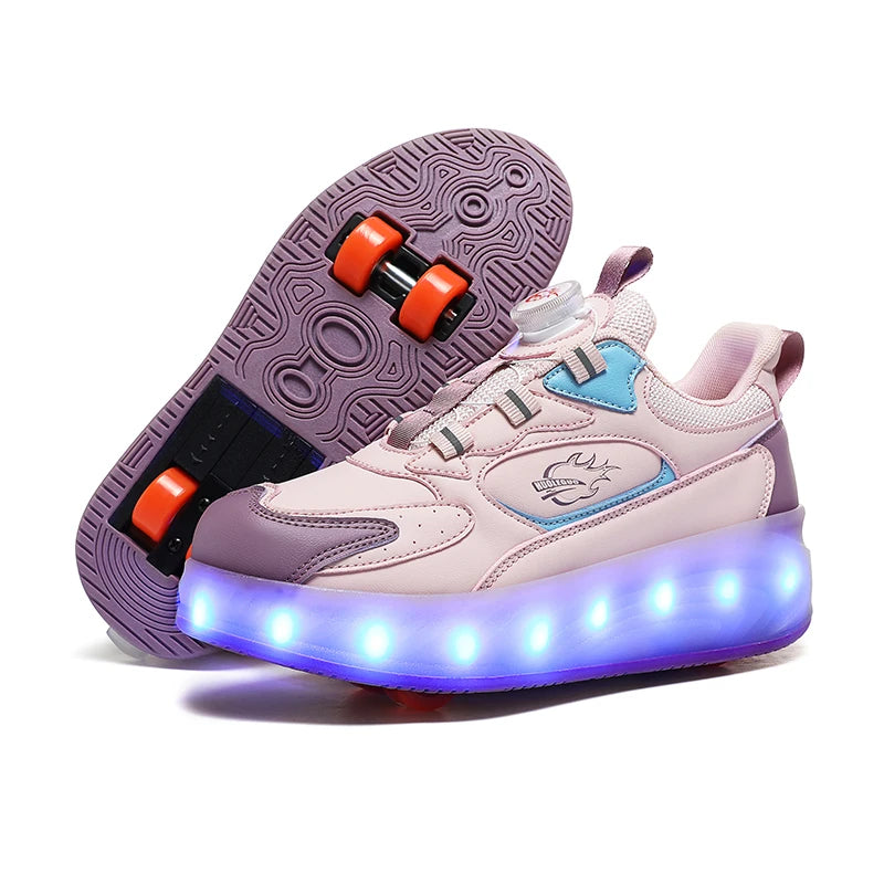 2024 New rotary buckle roller skates for kids Invisible four wheel retractile flash shoes for boys and students for girls