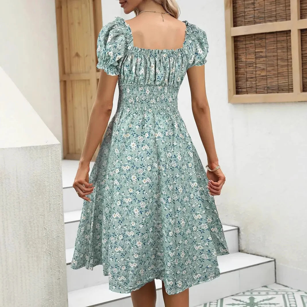 2025 Summer New Vintage Floral Bubble Sleeve French Dress