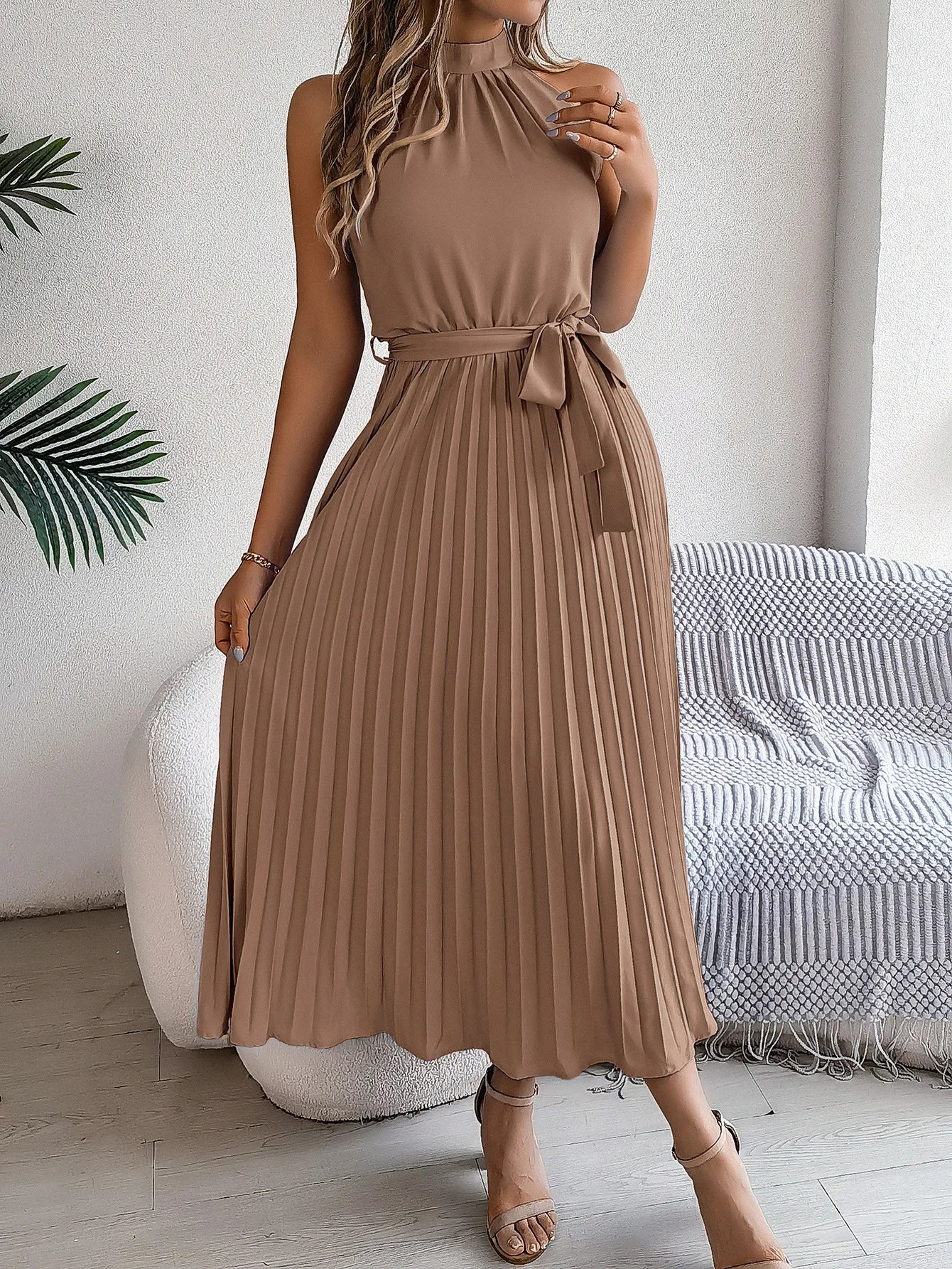 Msfilia Solid Sleeveless Standing Collar Waist Cinched Pleated Long Dress Women's Spring Summer Long Dresses