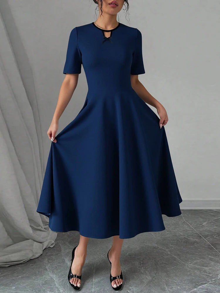 Rafiah Women's Summer Navy Blue V-Neck Short Sleeve Midi Dress 2025 with Ruched Waist and A-Line Silhouette Casual Chic Wear