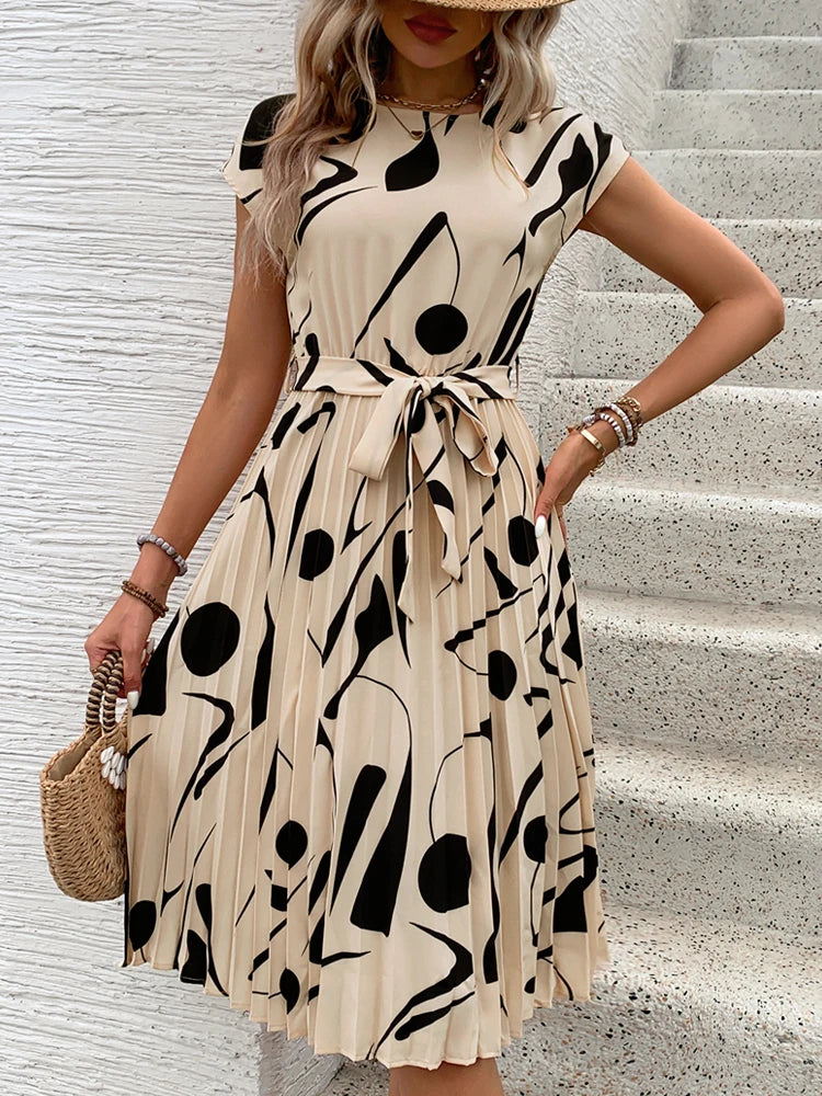 Summer Europe and the United States hot selling new sleeveless temperament commuter dress lace up pleated round neck skirt