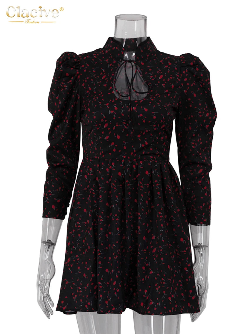 Clacive Fashion Slim Print Women's Dress Sexy Stand Collar Long Sleeve Mini Dresses Elegant Classic Hollow Out Female Dress