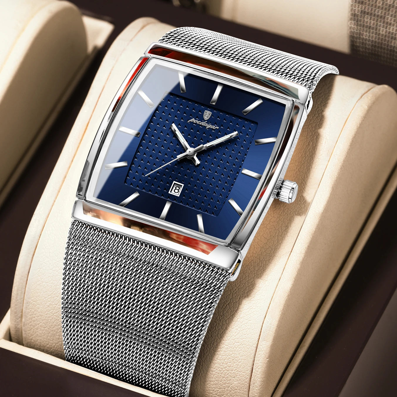 POEDAGAR Top Original Men Watch Waterproof Luminous Date Rectangle Man Wristwatch Mesh Stainless Steel Men's Quartz Watches Male