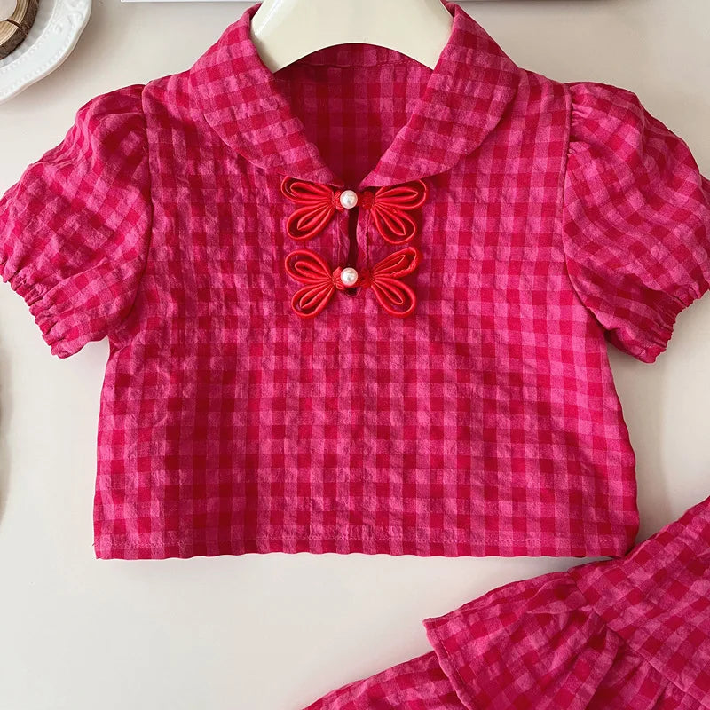 Children's Clothing Sets Plaid Sleeveless Top + Skirt 2pcs Sets Traditional Chinese Style Girl Clothes 2 To 7 Years Outfit Set
