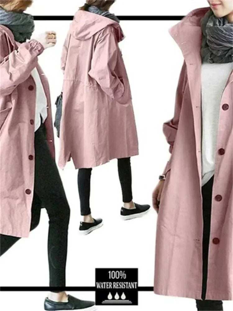Spring Autumn Casual Korean Fashion Hooded Medium Long Overcoat Loose Windproof Coat Women Trench Coat Solid Color Pocket