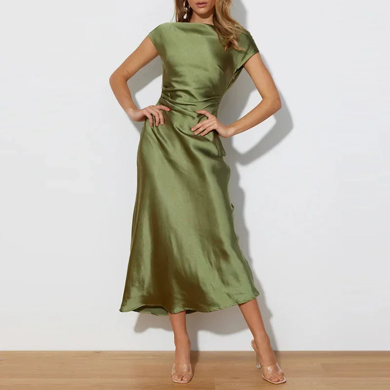 Chic Short Sleeve Evening Dress Temperament Women Silk Satin Party Long Dress Elegant Solid Color Banquet Female Formal Dress