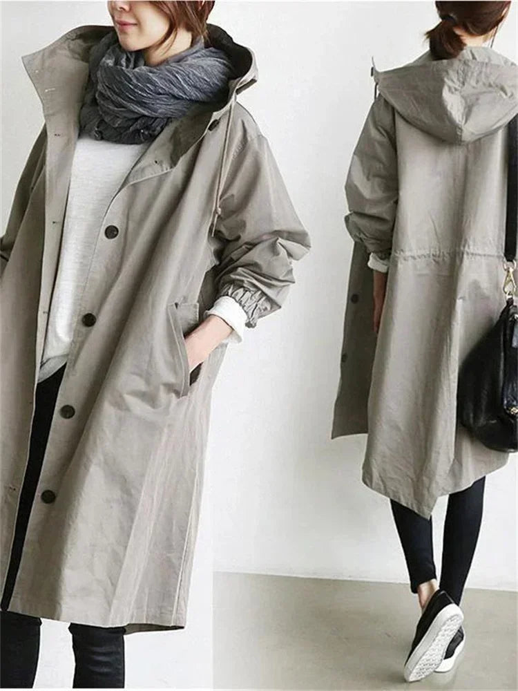 Spring Autumn Casual Korean Fashion Hooded Medium Long Overcoat Loose Windproof Coat Women Trench Coat Solid Color Pocket