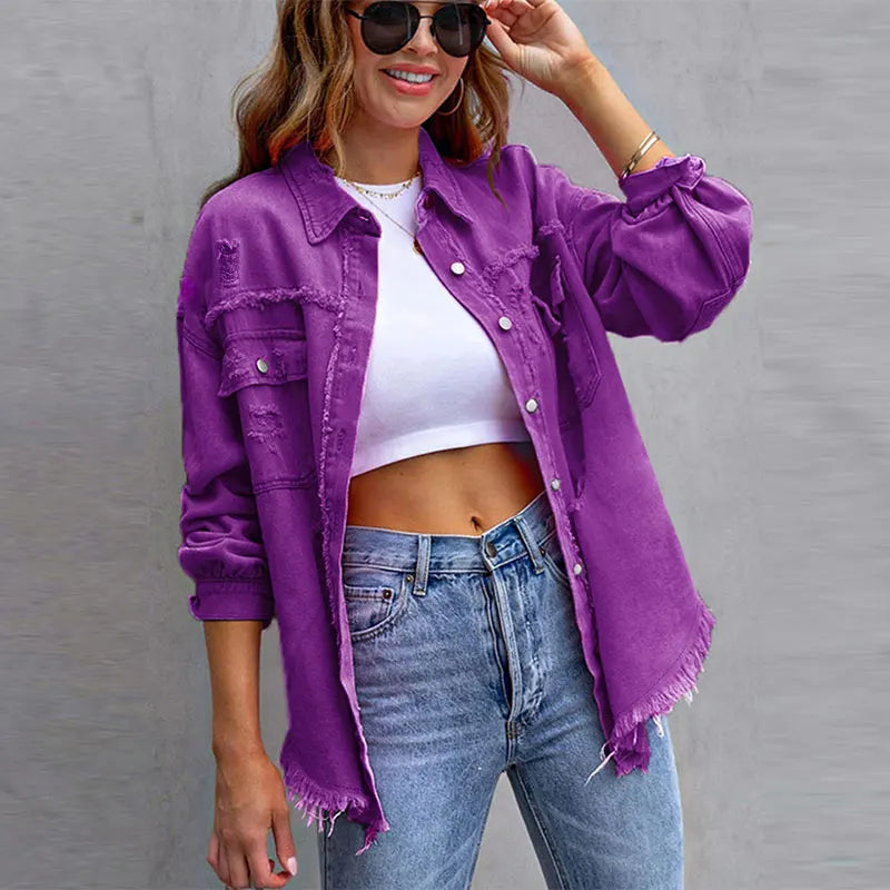 2025 New Leisure Denim Jacket Women Solid Color, Loose, Ripped, Long-Sleeved, Lapel, Fashionable Elegant Denim Jacket Female