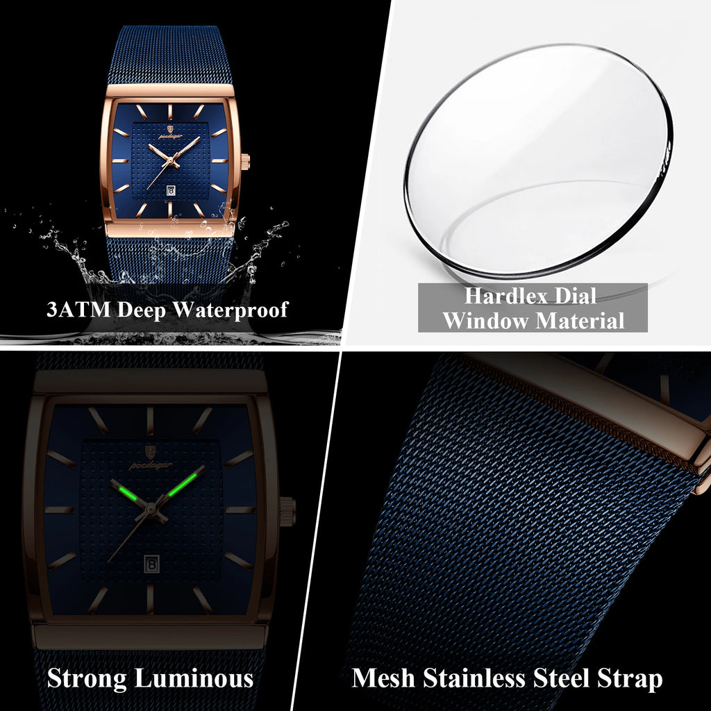 POEDAGAR Top Original Men Watch Waterproof Luminous Date Rectangle Man Wristwatch Mesh Stainless Steel Men's Quartz Watches Male
