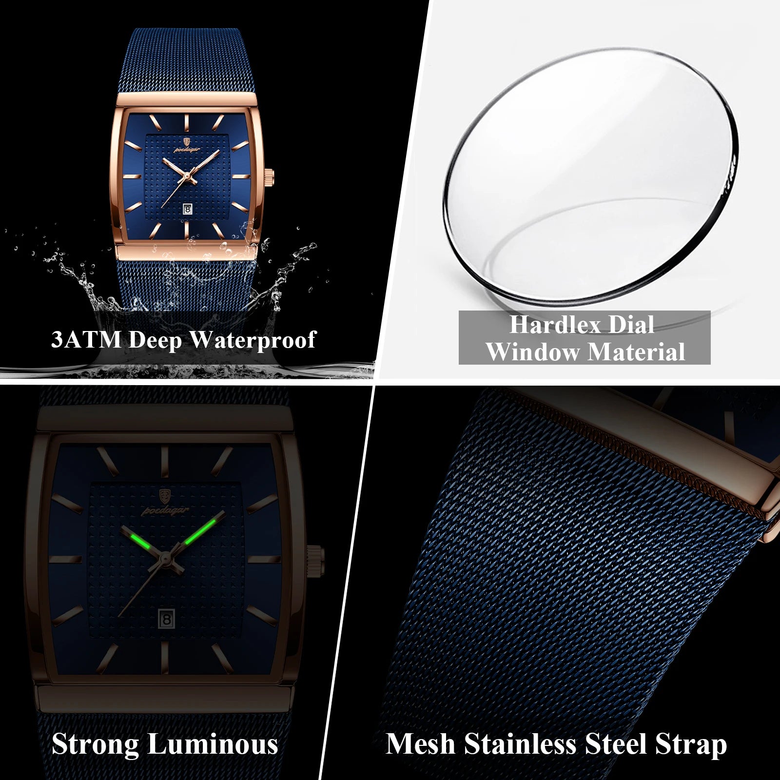 POEDAGAR Top Original Men Watch Waterproof Luminous Date Rectangle Man Wristwatch Mesh Stainless Steel Men's Quartz Watches Male