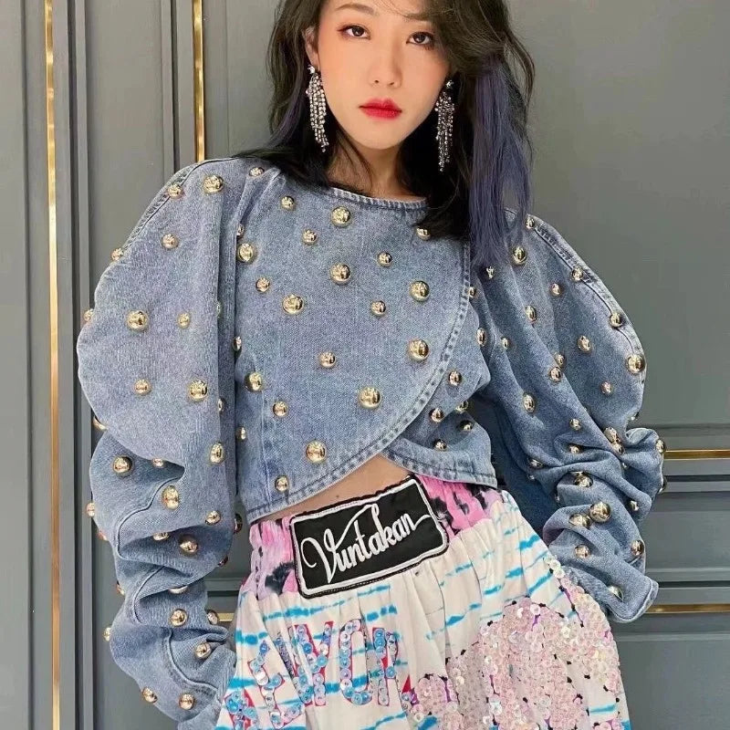Spring Autumn Women Rivets Long Lantern Sleeve Denim Coat Short Pearls Beading Jeans Bomber Jacket Cowboy Cardigan Tops