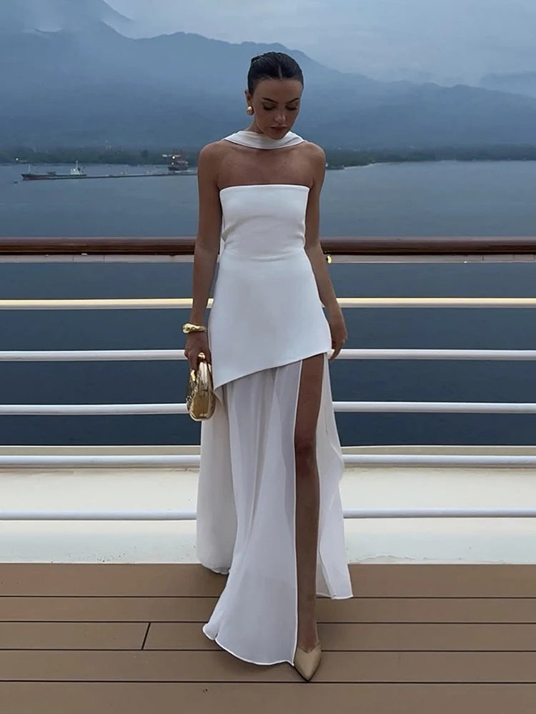 2025 Summer Women Fashion Strapless Dress With Ribbon Patchwork Elegant Sleeveless Mesh Split Dress Vacation Beach Long Dresses