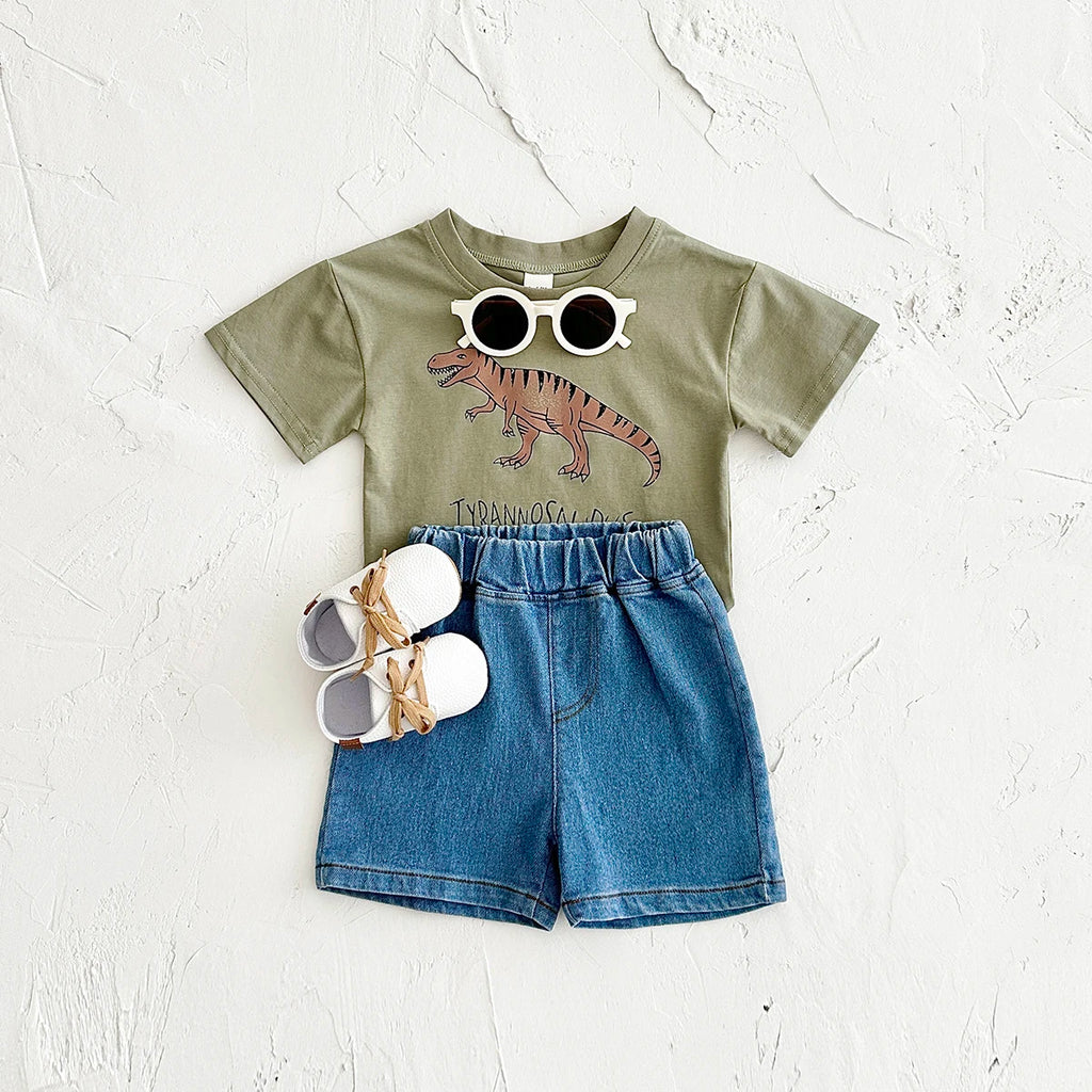 Summer Baby Boy Clothes Set Newborn baby Dinosaur Print Cotton Short Sleeved T-shirt +Denim Shorts Girls Clothes 0-3Y Children