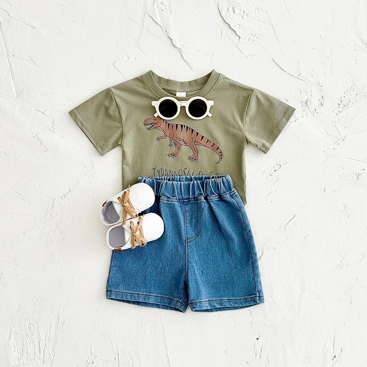Summer Baby Boy Clothes Set Newborn baby Dinosaur Print Cotton Short Sleeved T-shirt +Denim Shorts Girls Clothes 0-3Y Children