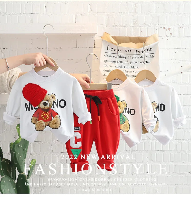 Baby cartoon Bear Plush Children's Clothing Set Boys Girls Sweatshirts Pants Suit Children's Print Simple Suit
