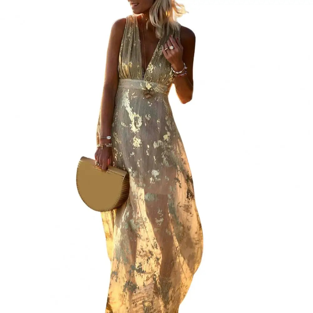 Party Dress Flowy Hem Soft Ankle-Length Elegant Bronzing Applique Casual Vest Gown Dress   Beach Dress  Female Clothing