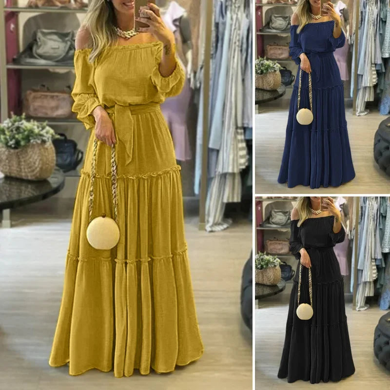 Summer Ruffle Edge Boho Sexy Off-The-Shoulder Long Dress Women's Fashionable Outside Market Fast Selling