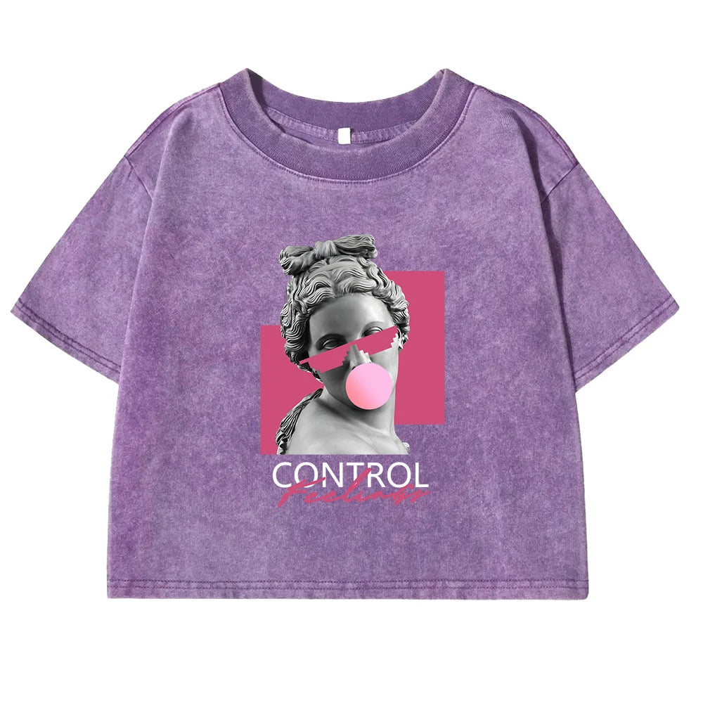 A Sculpture Of A Woman Blowing Bubbles Print Women Washed T Shirt Cotton Casual  Short Sleeve Crop Top Street All-Match Tee
