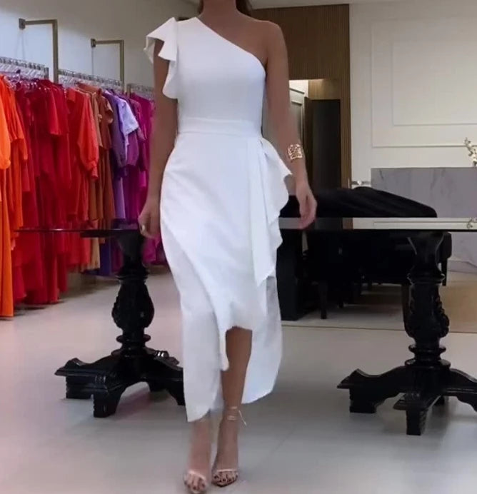 Summer Dress Women's Fashionable Solid Color Diagonal Collar Lace Sleeve Slit Sexy Long Dress Ruffled Edges Sleeveless Dress