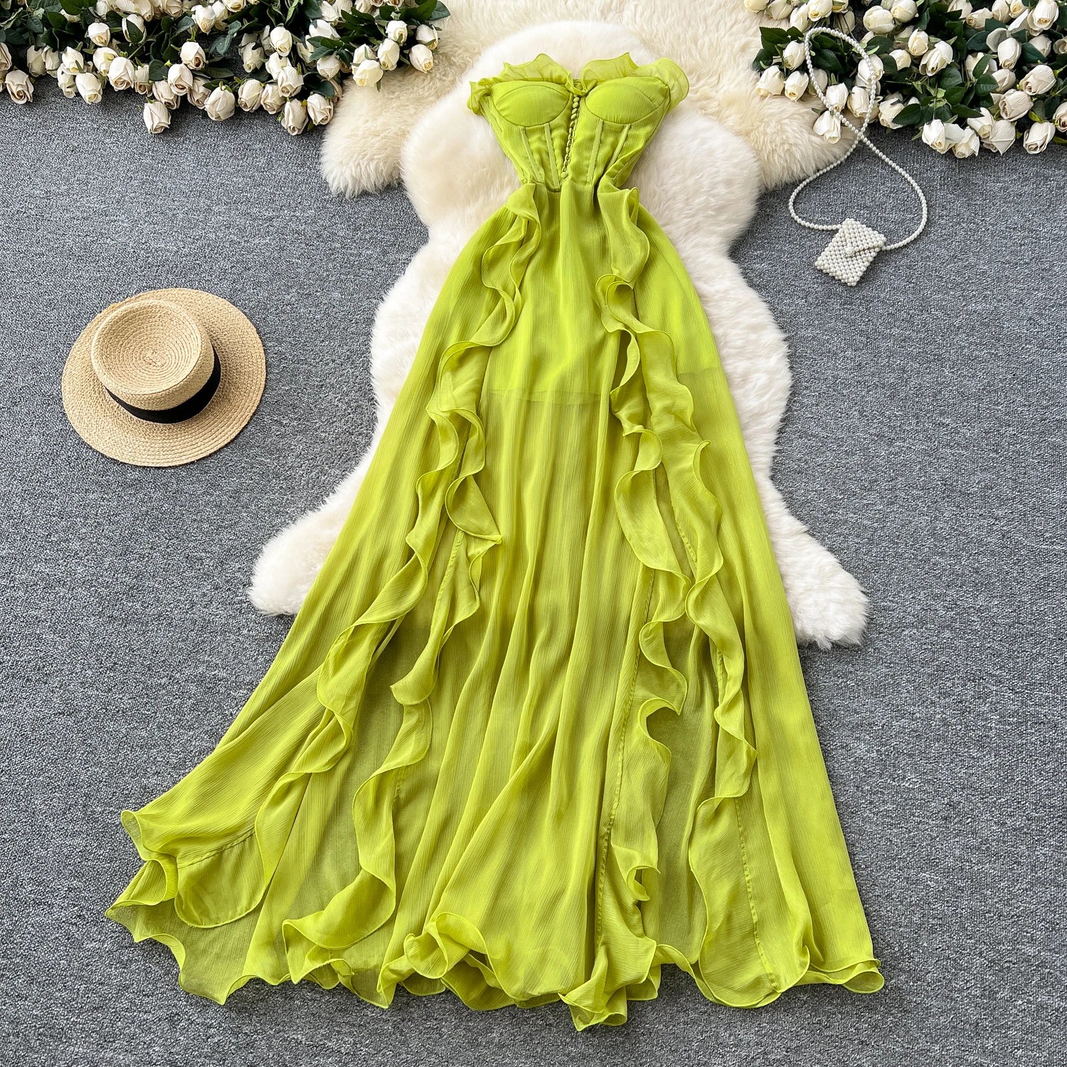 Sexy ruffle asymmetrical split  Elastic Slim backless  Elegant Dress Beach Summer Korean Fashion Vestidos