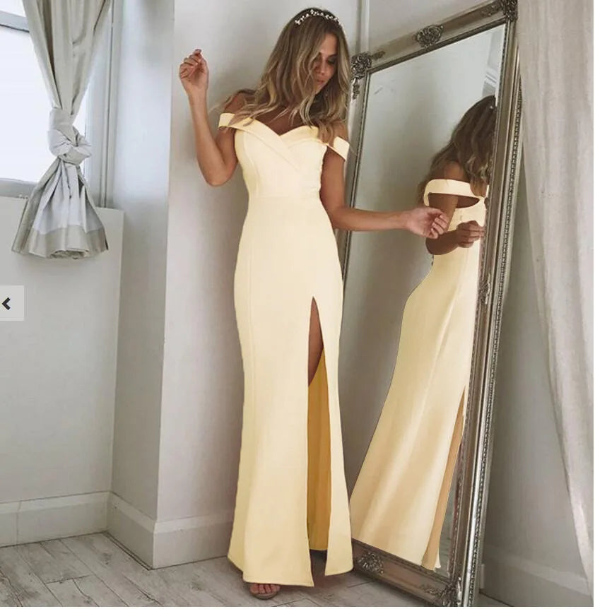 New Summer Elegant Party Dresses Evening Sexy Blue Slim Maxi Dress Slash Neck Off Shoulder Wedding Guest Elegant Dress for Women