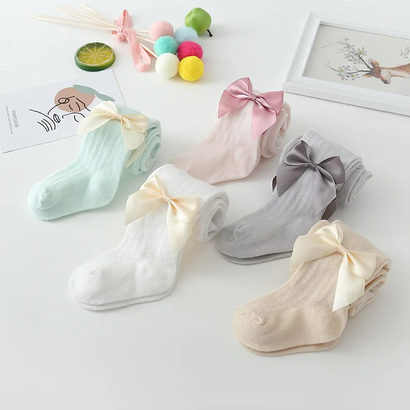 2025 Summer Girls Pantyhose Soft Cotton Breathable Mesh Bow Tie Decor Tights Stockings Princess Baby Kids Anti-mosquito Leggings