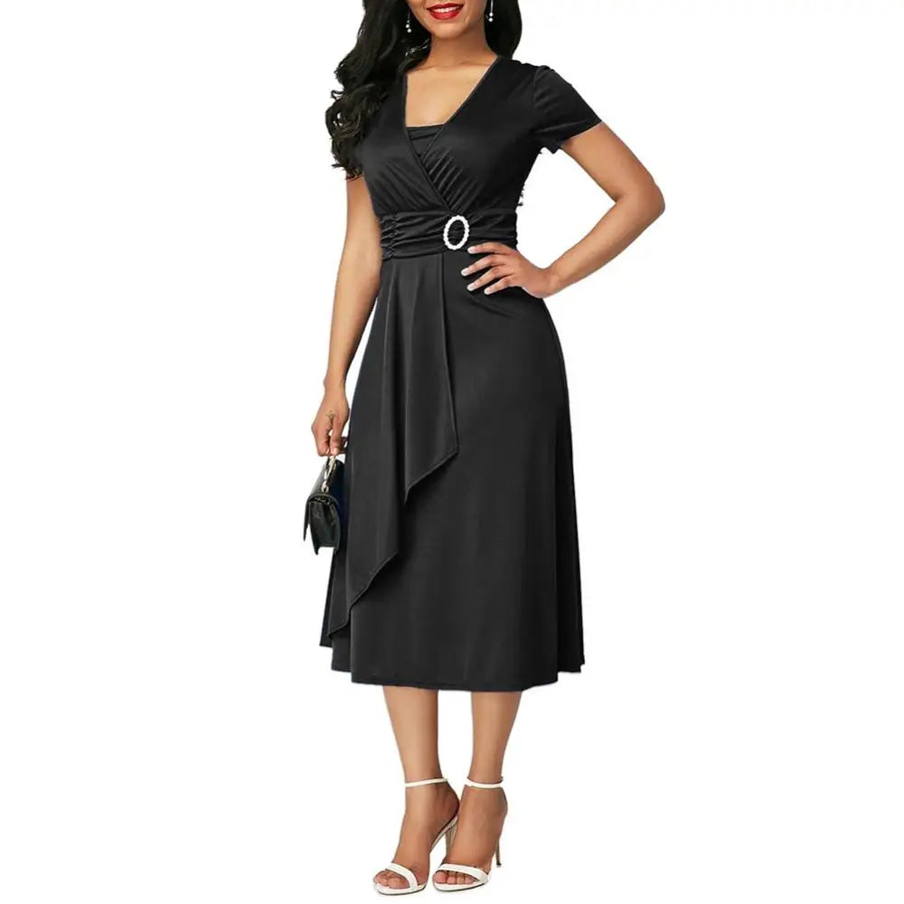 Plus Size Dress Elegant Women Solid Color Short Sleeve V Neck Asymmetric Hem Waist Tight Midi Party Dress Ladies Evening Vestido