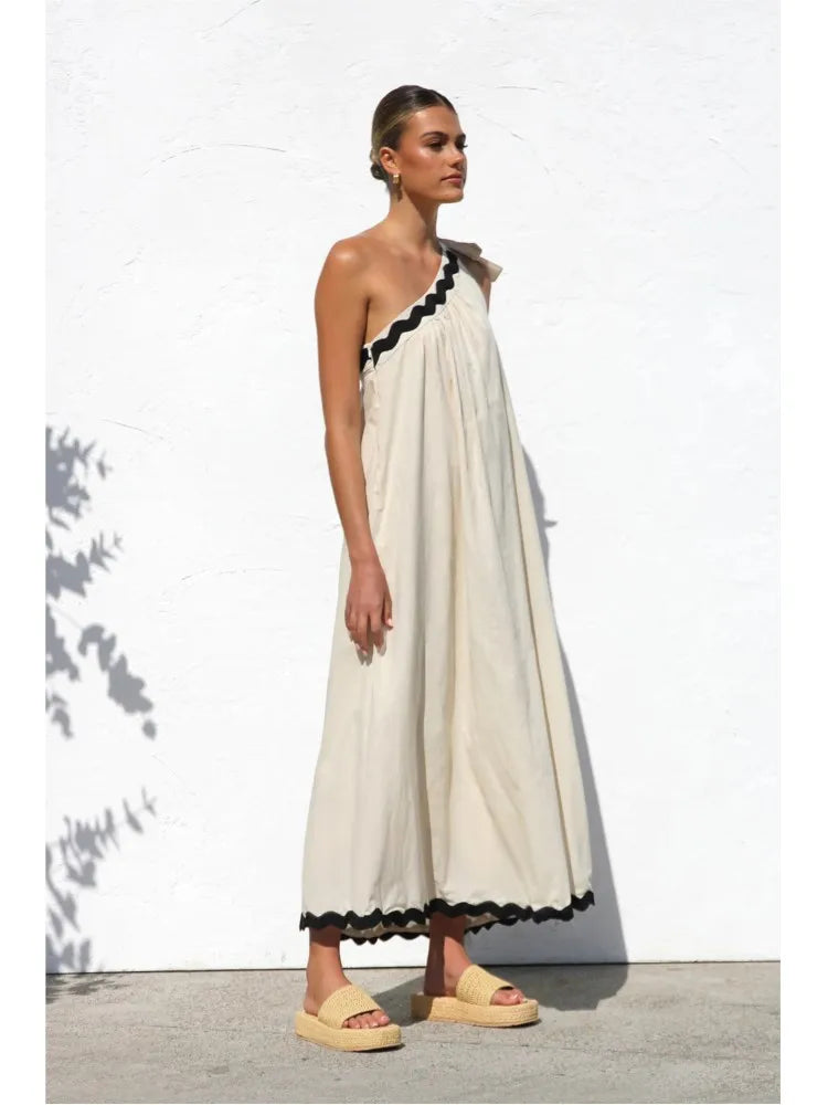 Solid Color Casual Dress For Lady 2025 Summer New French With Sloping Shoulders Lace Up Temperament Vacation Style Long Vestidos