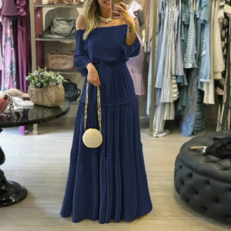 Summer Ruffle Edge Boho Sexy Off-The-Shoulder Long Dress Women's Fashionable Outside Market Fast Selling