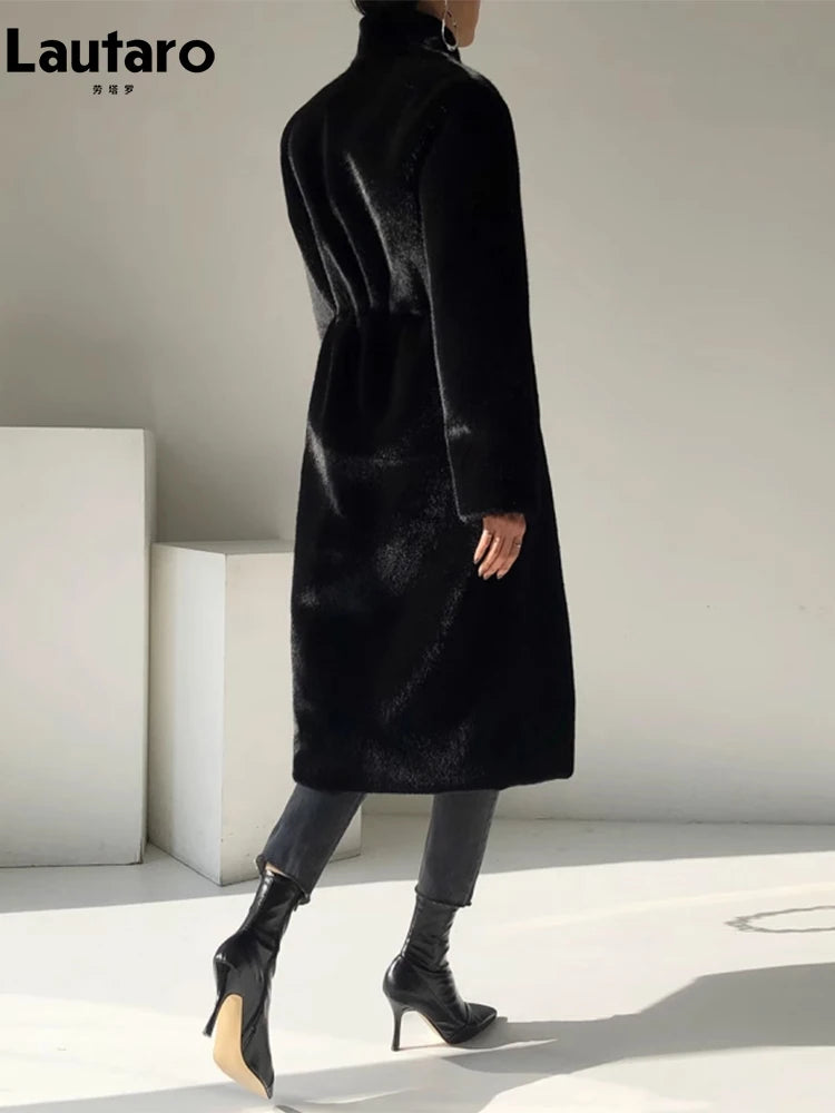 Lautaro Winter Long Black Luxury Elegant Stylish Thick Warm Fluffy Hairy Soft Faux Mink Fur Coat