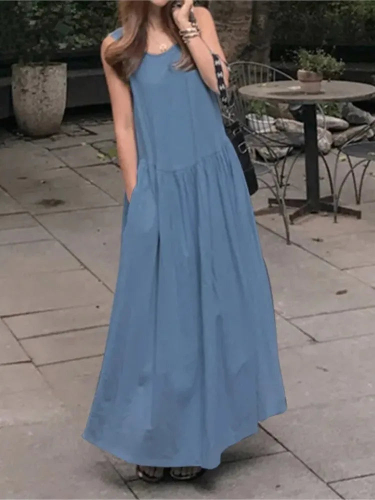 Summer Casual O-neck Sleeveless Loose Solid Long Dress Women Fashion Elegant Office Holiday Beach Party Boho Dresses Robe Femme