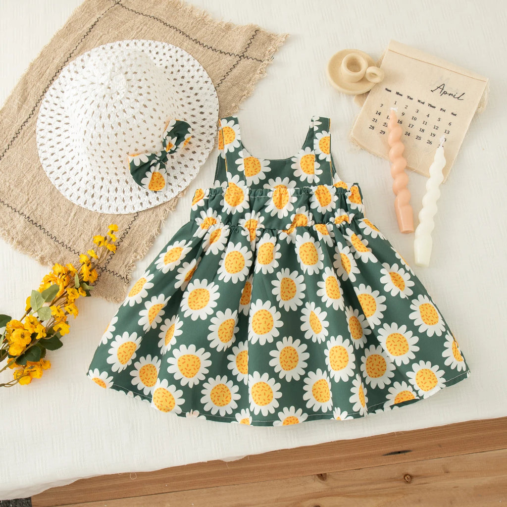 Baby Girl Dress Summer Bow And Sunflower Pattern Halter Beach Girl Kid's Dress Cute Casual Baby Dresses With Hat