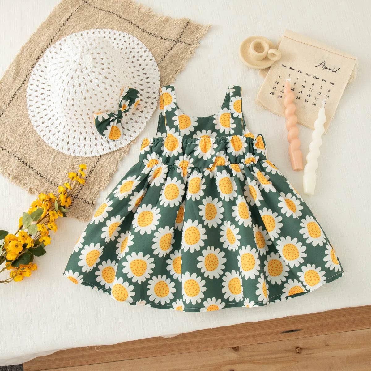Baby Girl Dress Summer Bow And Sunflower Pattern Halter Beach Girl Kid's Dress Cute Casual Baby Dresses With Hat
